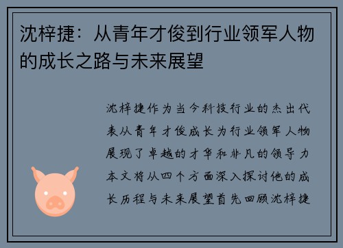 沈梓捷：从青年才俊到行业领军人物的成长之路与未来展望